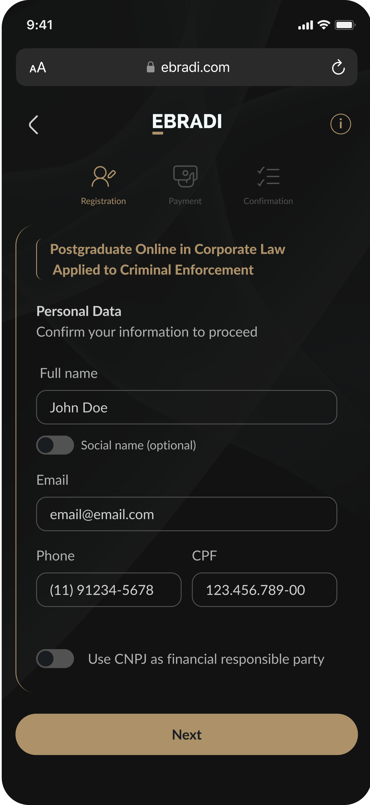 Registration screen
